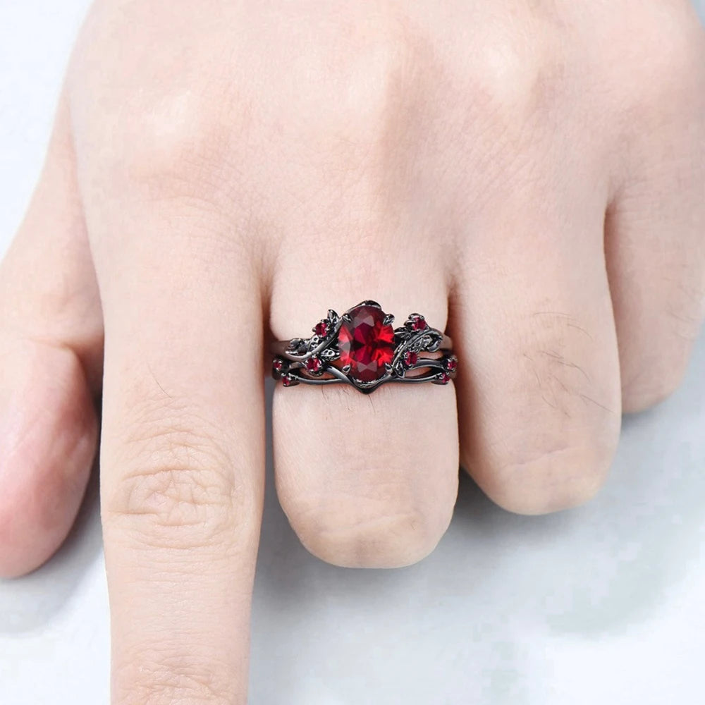 Zweiteiliges Vintage Ring Set mit roten Zirkon Steinen für Damen