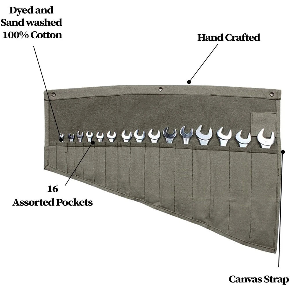 Werkzeugrolltasche aus gewachstem Segeltuch 14 Taschen robust für Elektriker