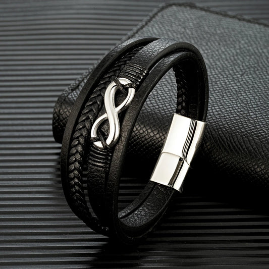 Klassisches Herren Lederarmband Mehrschichtig Geflochten Edelstahl Magnetverschluss