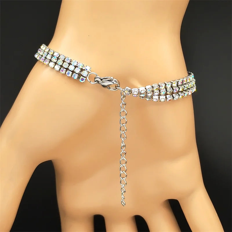 Drei Bunte Strass Armbänder Edelstahl Silber Farbe Verstellbar Damen