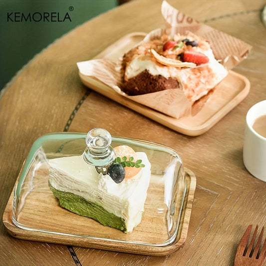 Elegante Kuchen Dessert Holz Platte mit Glasabdeckung – Genussmomente stilvoll schützen-Yabubest - Home & More