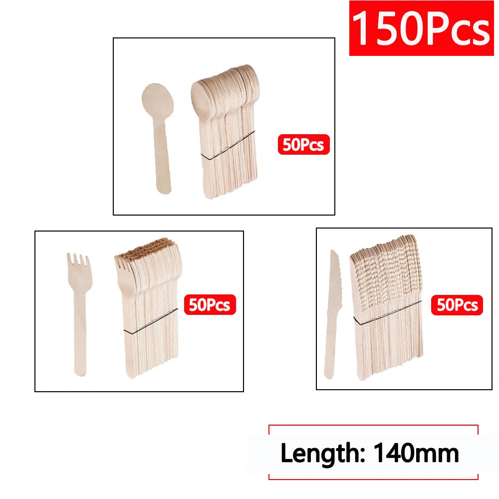 Einweg-Holzbesteck 16 cm 10/150/500 Stück Gabel Löffel Messer Set