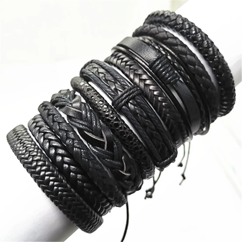 10 Stück Schwarze Lederarmbänder Handgewebt Verstellbar Unisex Schmuck