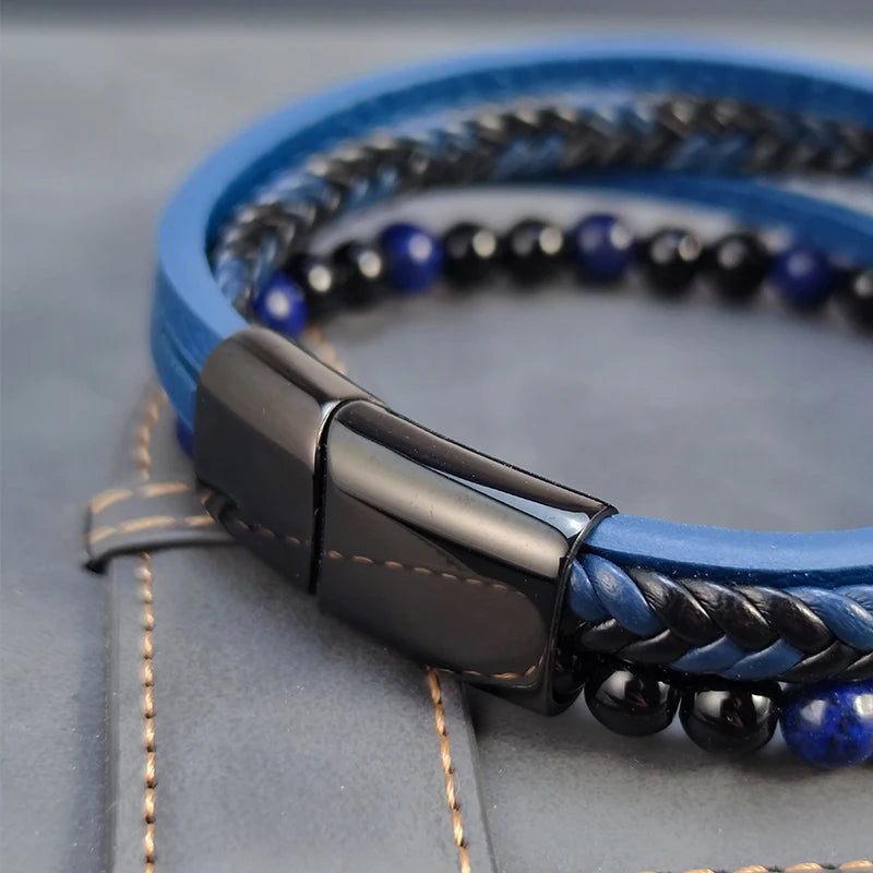 Punk Herren Perlen Armband mit Blauem Lapis Lazuli Multilayer Leder