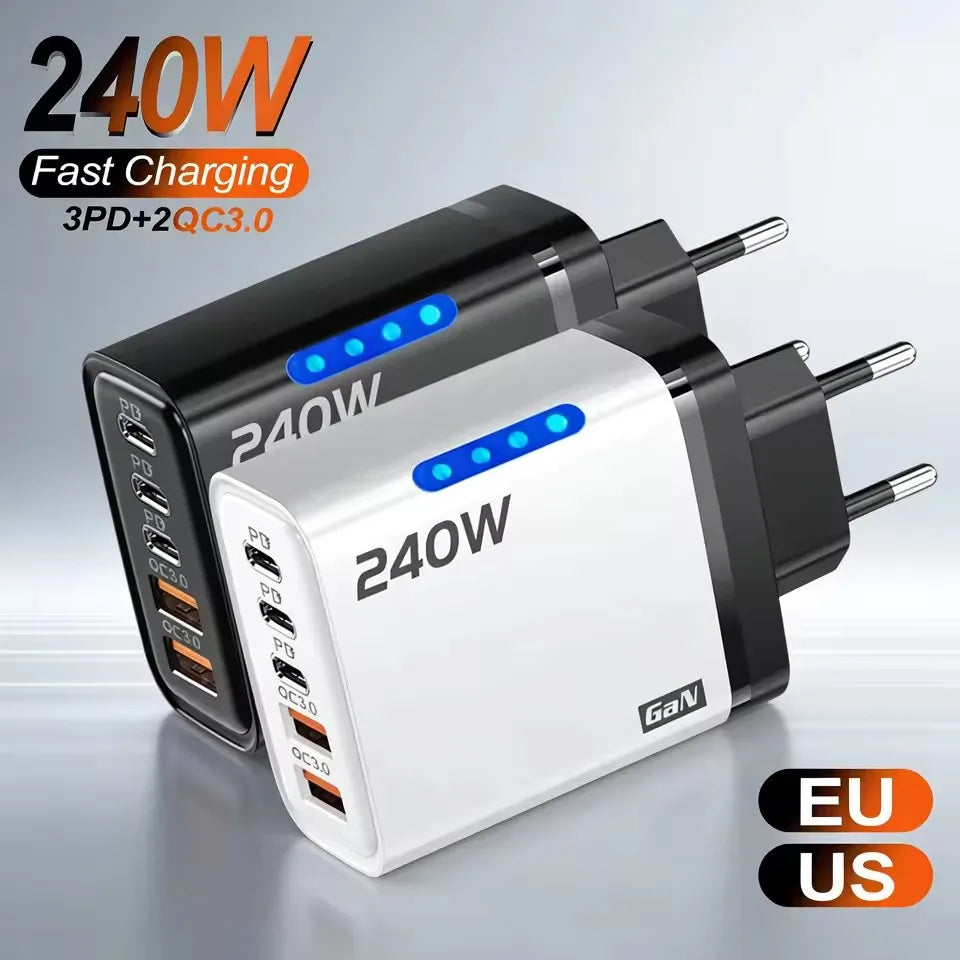 5 in 1 GaN Desktop Ladegerät für iPhone 17 und Samsung 240W Schnellladeadapter