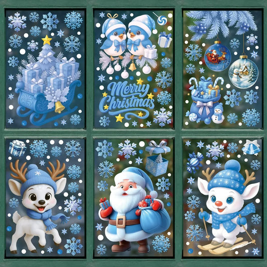Weihnachts Fensteraufkleber mit Schneemann, Elch und Weihnachtsmann Motiven