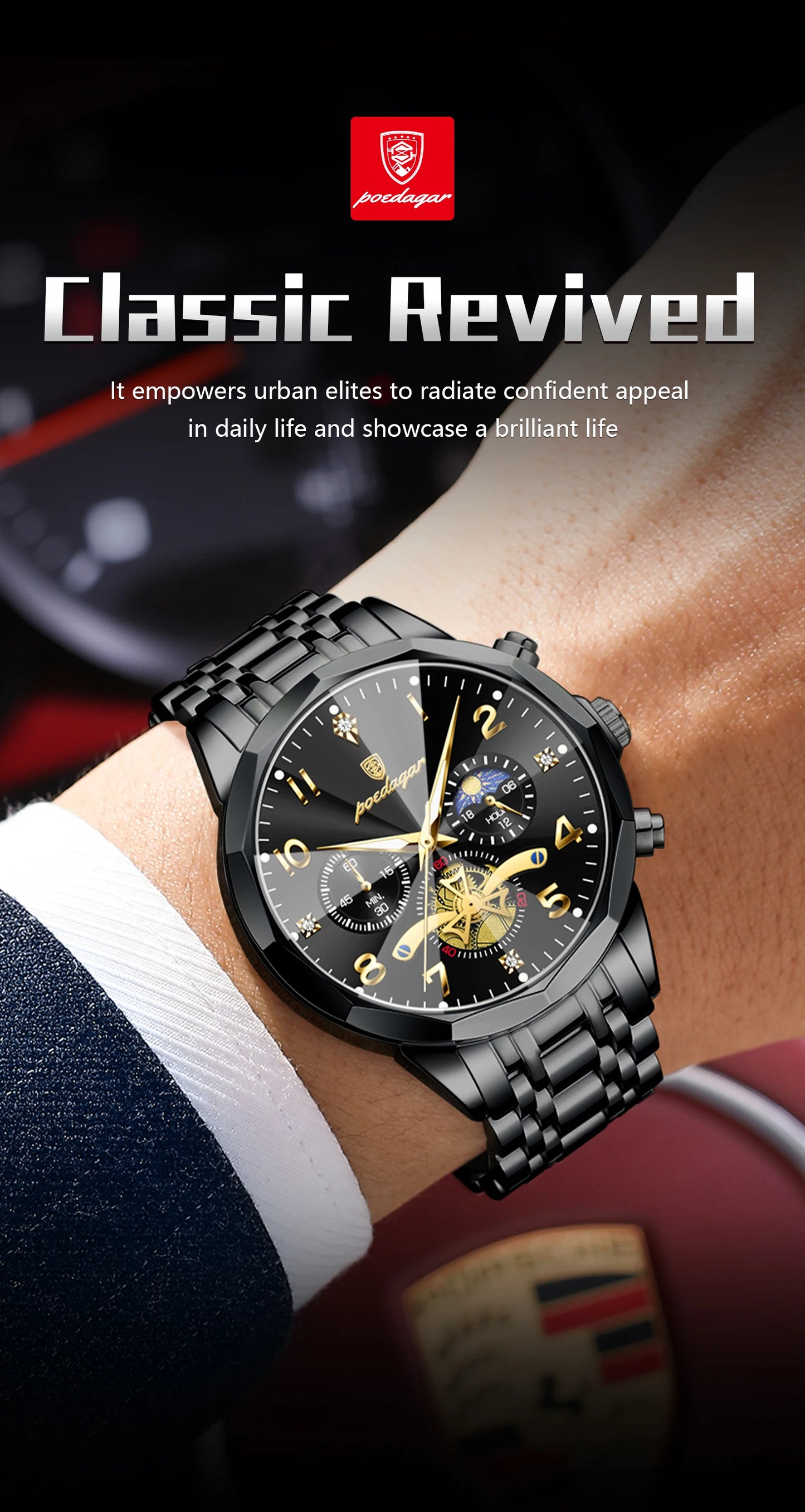 Wasserdichte Edelstahl Herrenuhr mit Chronograph und Leuchtfunktion-Yabubestshop