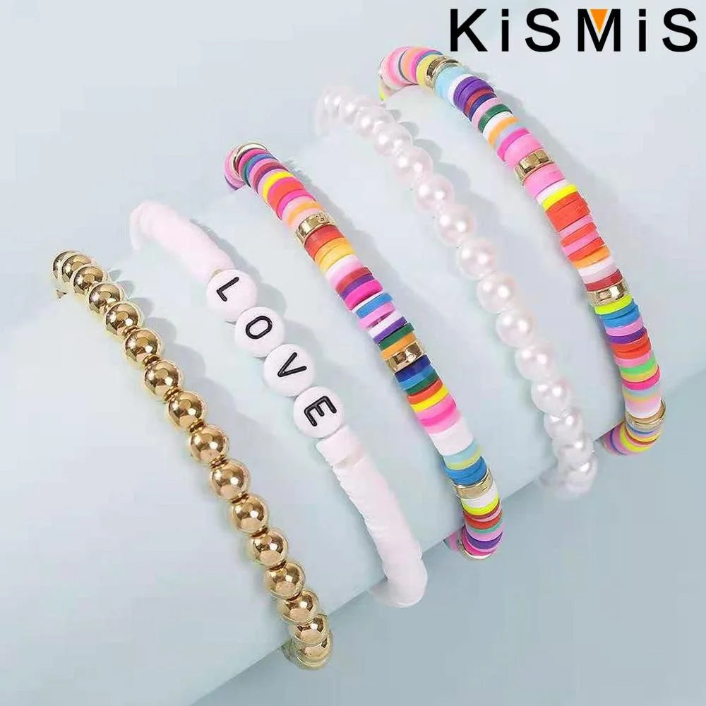 5er Set bunte Tonarmbänder für Damen elastisch weich im Boho Stil