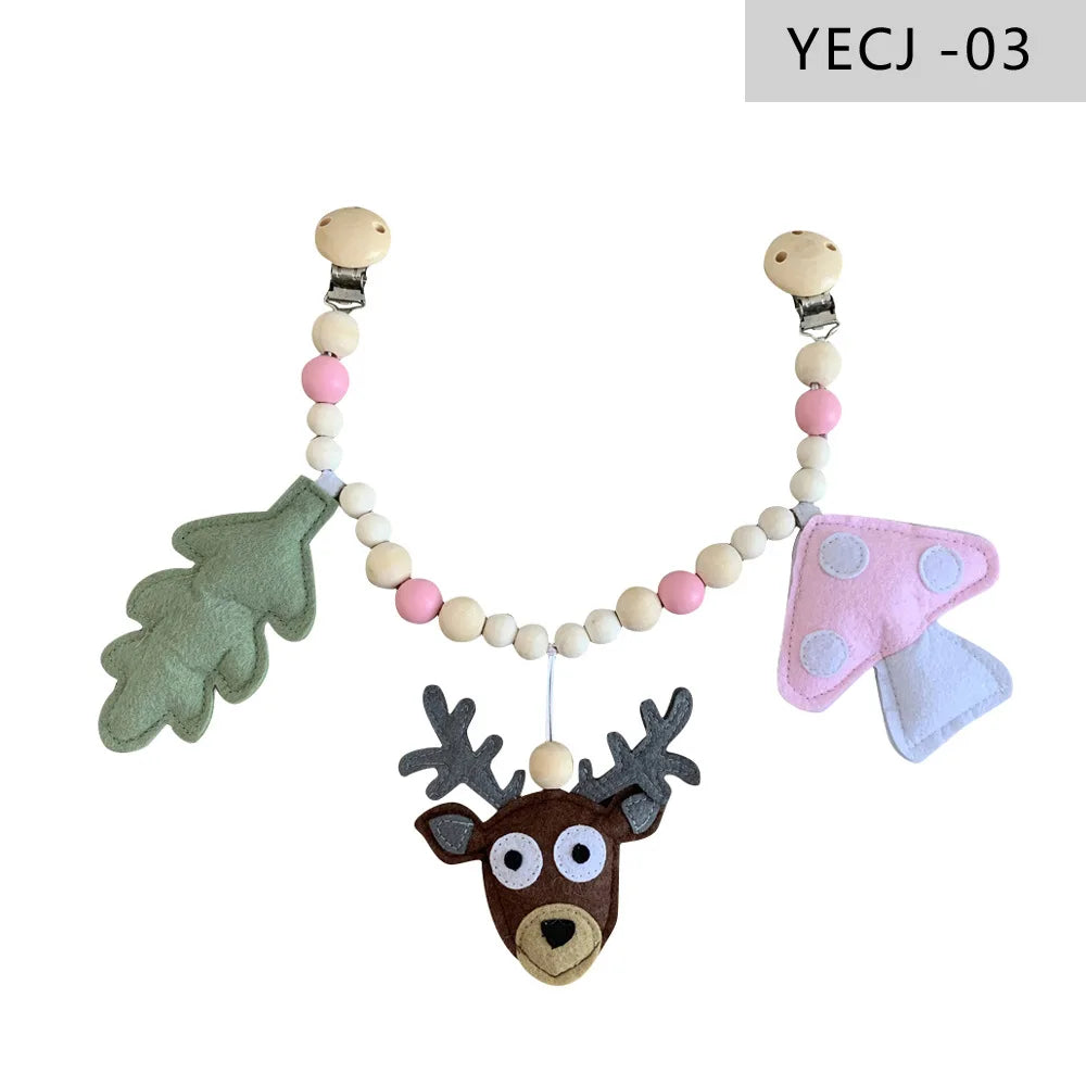 Holz-Kinderwagenclip mit Beißring und Rassel für Babys