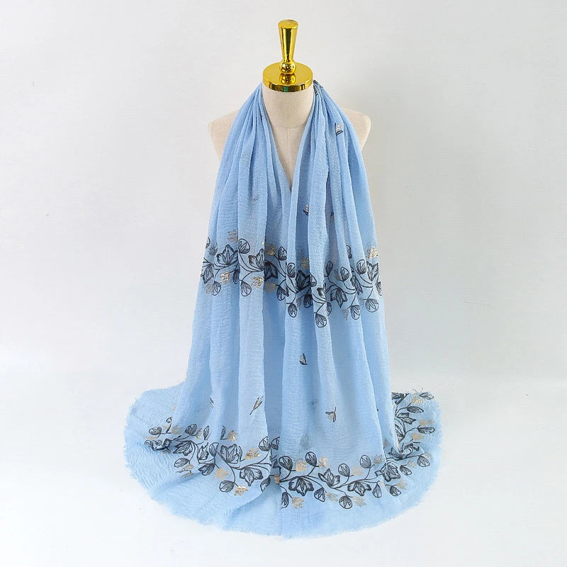 Damen Baumwoll-Leinen Schal Gold Bedruckt Quadratisch Kleine Blumenmuster