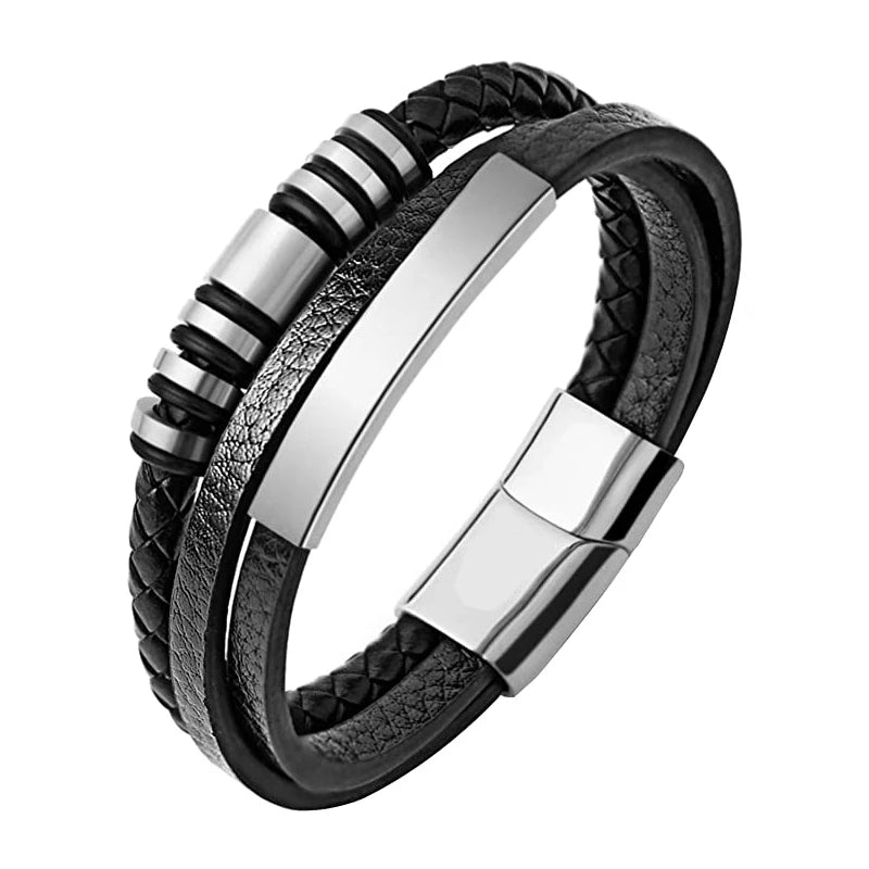 Multilayer Herren Armband aus Edelstahl und Leder mit Perlen Design