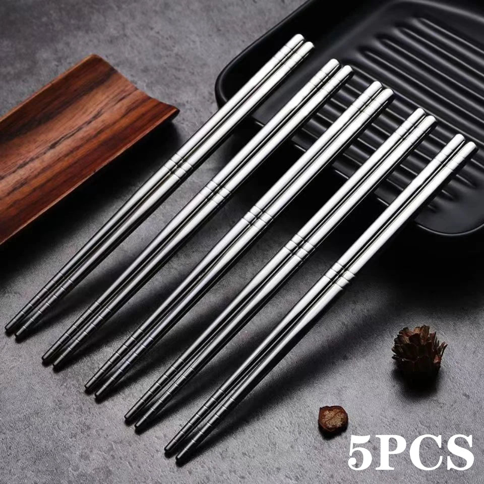 5 Paar rutschfeste Essstäbchen aus 304 Edelstahl für Sushi und asiatische Küche