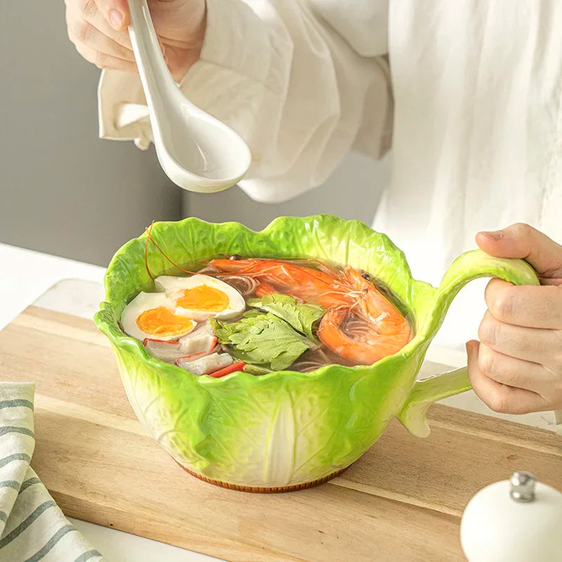 Große Keramikschüssel in kreativer Kohlblatt-Form – stilvoll & vielseitig für Suppe, Salat & Obst