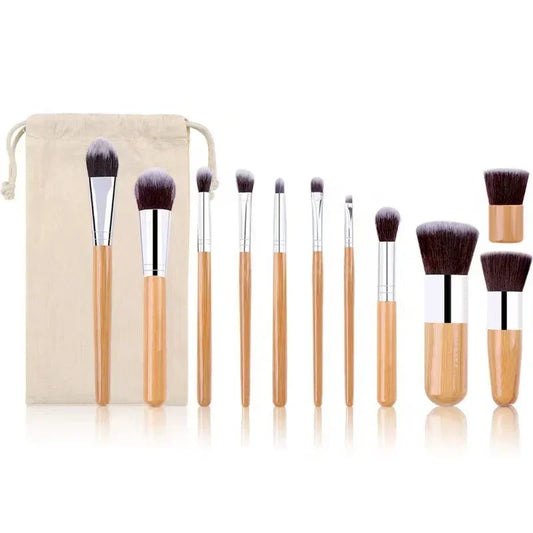 11-teiliges Make-up Pinsel Set mit Bambusgriff und Baumwolltasche-Yabubestshop