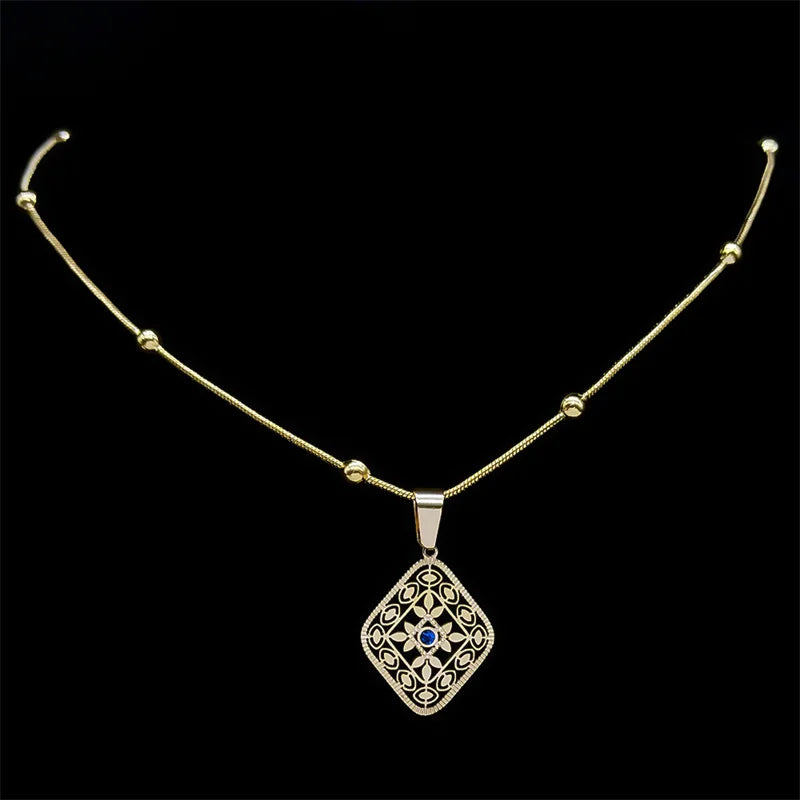Ethnische Raute Anhänger Halskette Edelstahl Gold Farbe Geometrisch