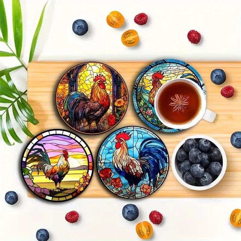 6er Set Holzuntersetzer Hahn – Rutschfest und Dekorativ für Zuhause