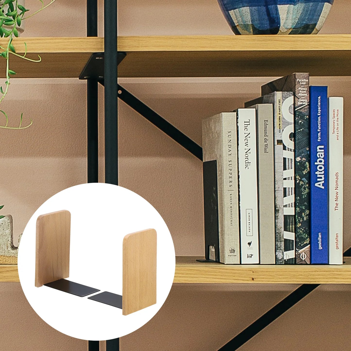 2 Stück Holz Buchstützen mit Metallbasis Organizer Büro Regal Halter