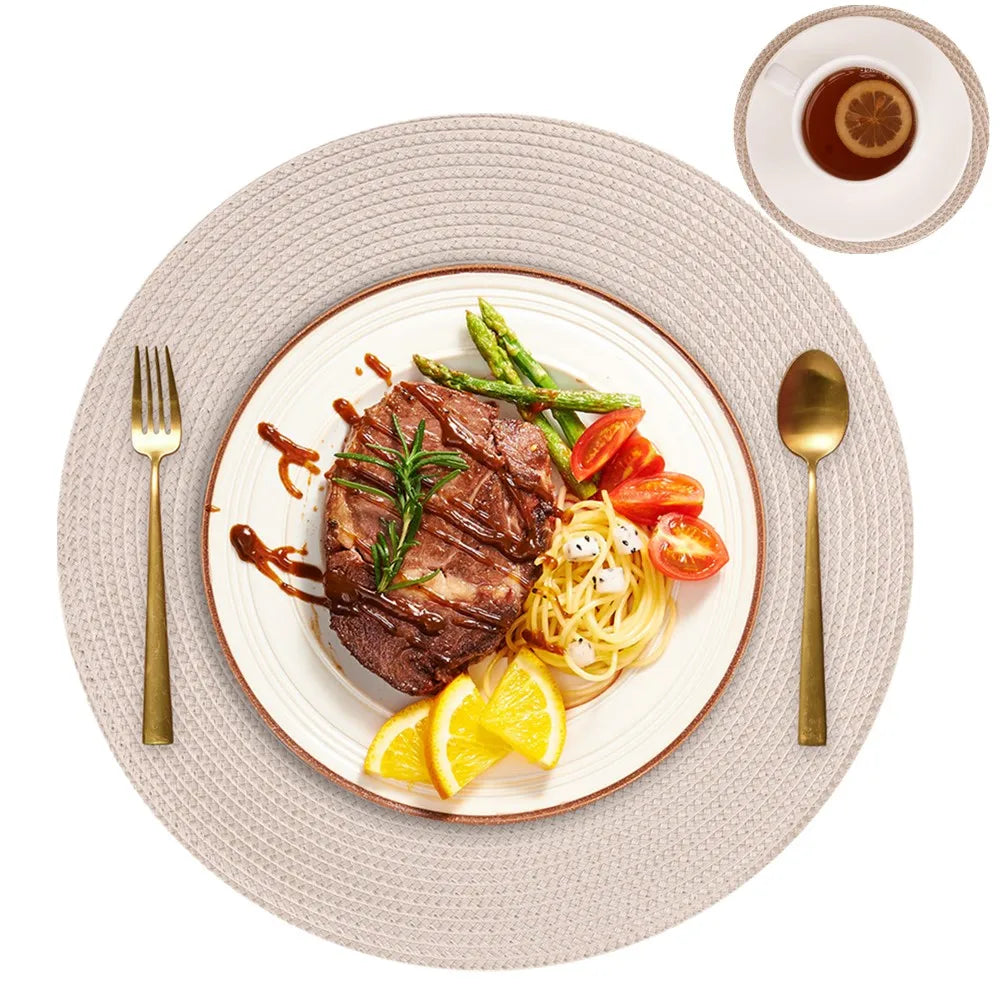 Set mit 6 runden geflochtenen Tischsets 34 cm waschbar rutschfest