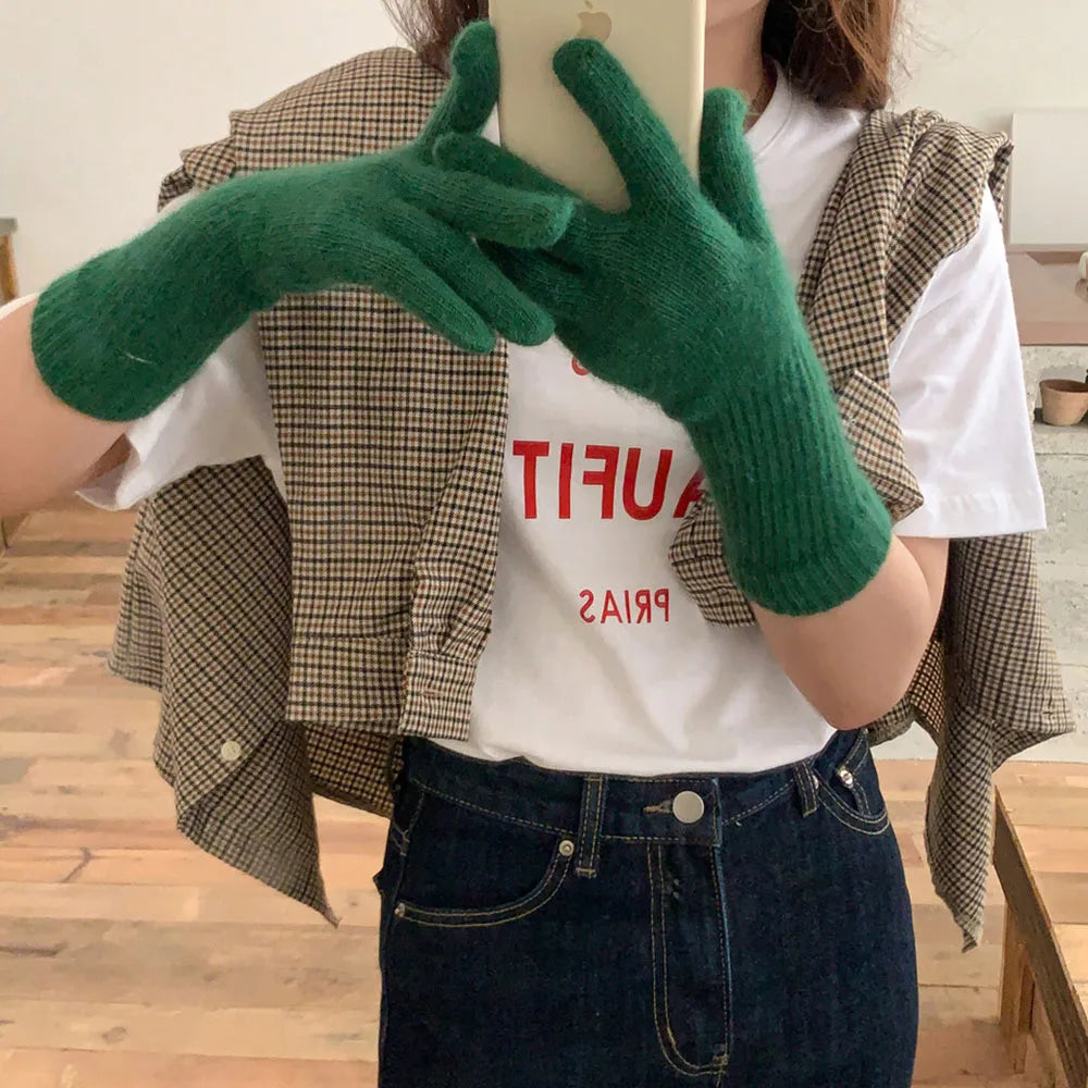 Lange warme Damen Handschuhe aus Kaninchenwolle für den Winter