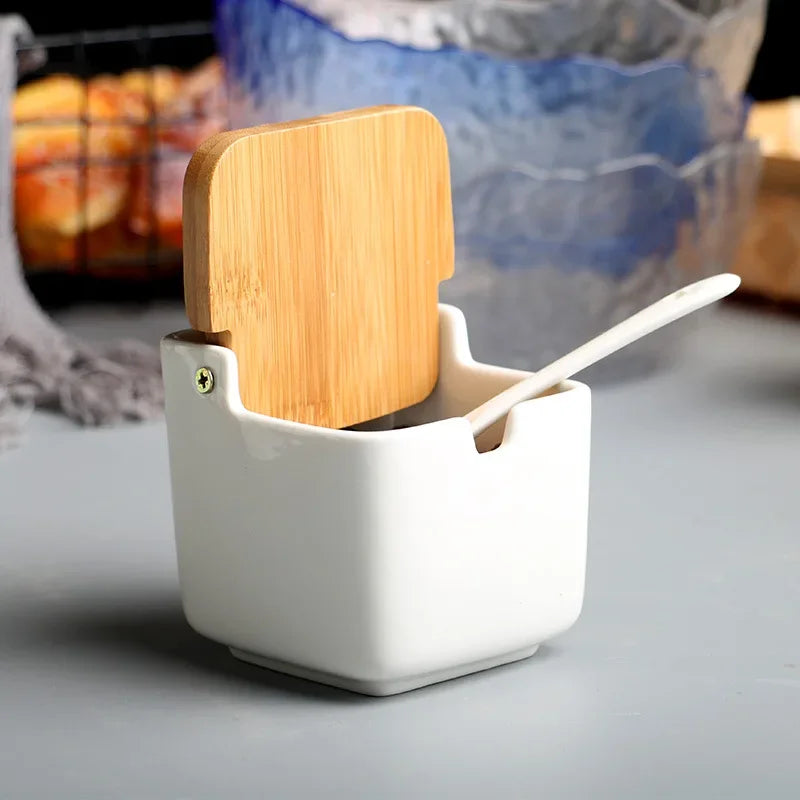 Keramik Gewürzspender Set mit Bambusdeckeln und Organizer Rack