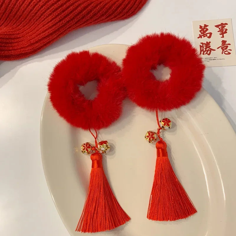 Traditionelle rote Quasten Haar Schlaufen – 2 Stück Polyester für Mädchen