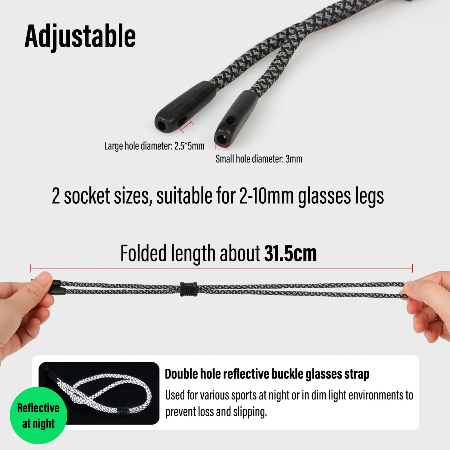 10 Stück reflektierende Brillenbänder Dual-Loch für sicheren Halt Nacht