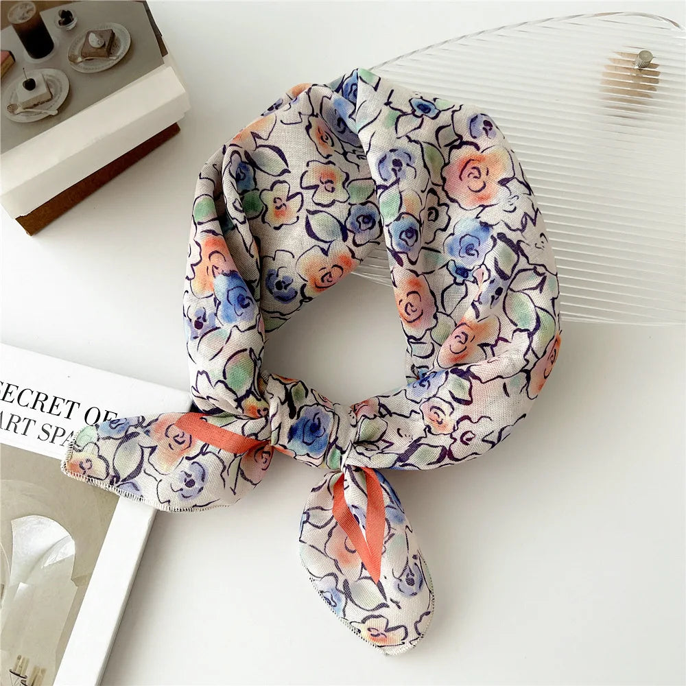 Baumwolle Leinen Quadrat Schal 55 cm Blumenmuster für Damen Frühling Sommer