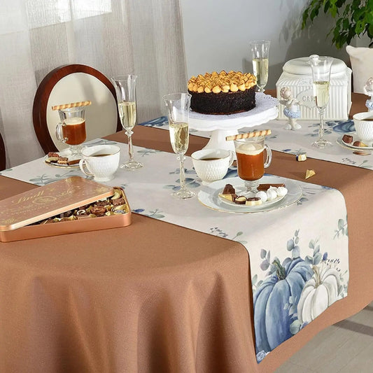 Herbst Tischläufer Leinen Grau Blau Kürbis Eukalyptus Dekor Wiederverwendbar Esstisch