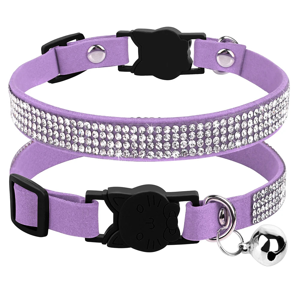 Weiches Wildleder Katzenhalsband mit Strass - Glocke – Sicher - Stilvoll