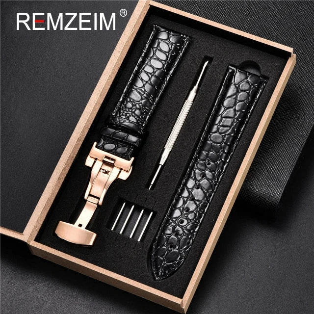 Geprägtes Leder Uhrenarmband 18-24mm mit Schmetterlingsverschluss