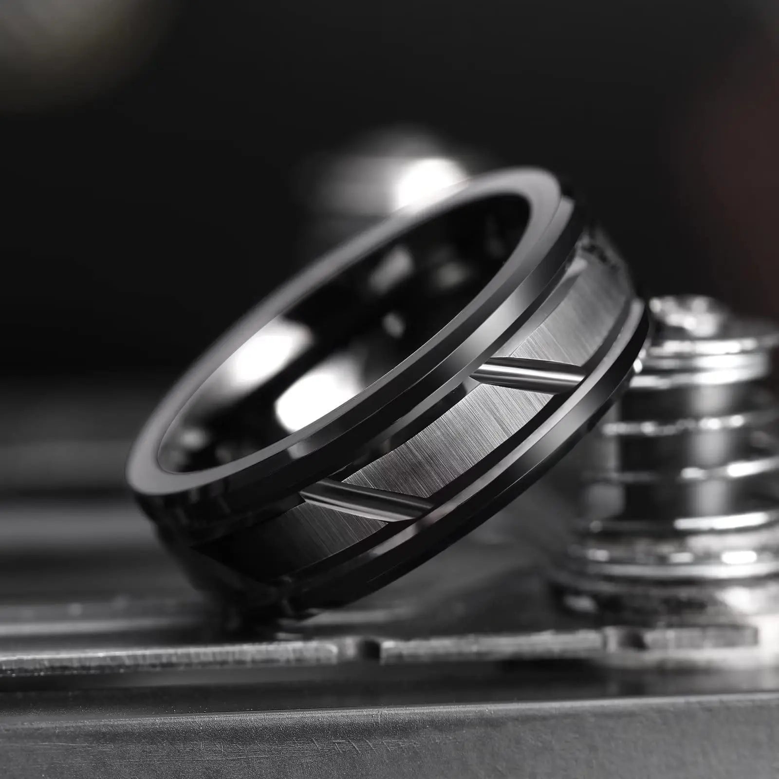 Fashio Männer Ringe Schwarz Titan Edelstahl Ringe Für Männer Frauen Ziegel Muster Finish Abgeschrägte Kante Hochzeit Ring Partei Schmuck