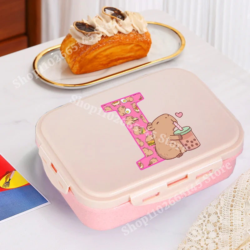 Niedliche Capybara Lunchbox mit A-Z Buchstaben, Single Layer Bento Box