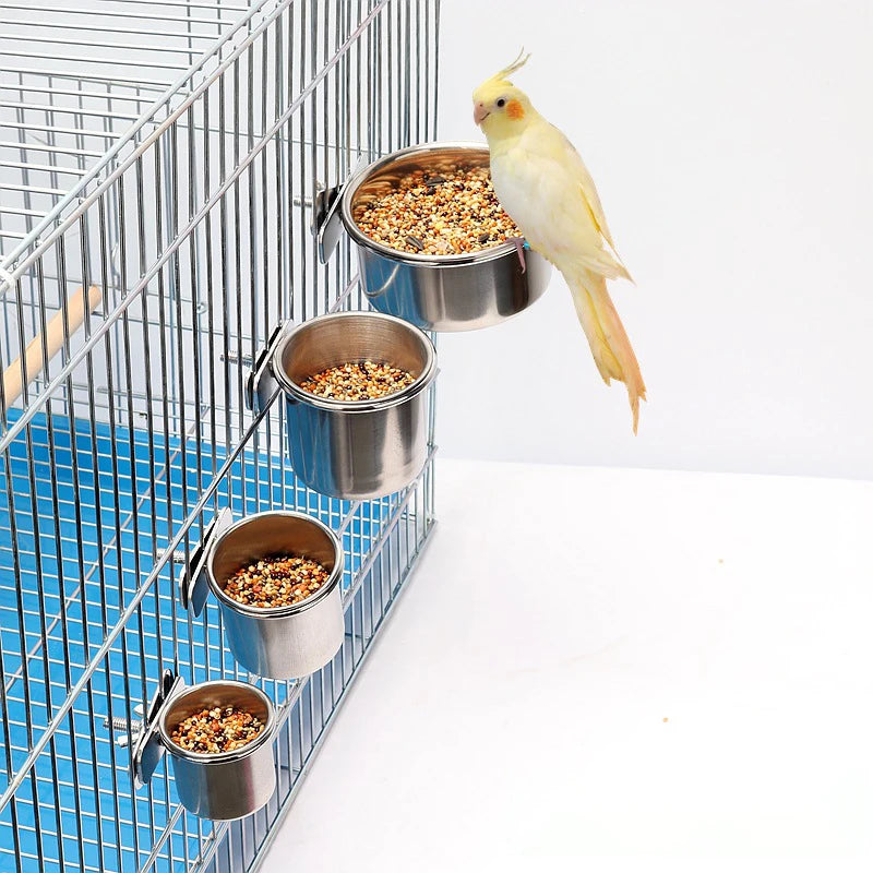 Edelstahl Futter- und Wasserschüssel mit Halter für Haustier-Vögel