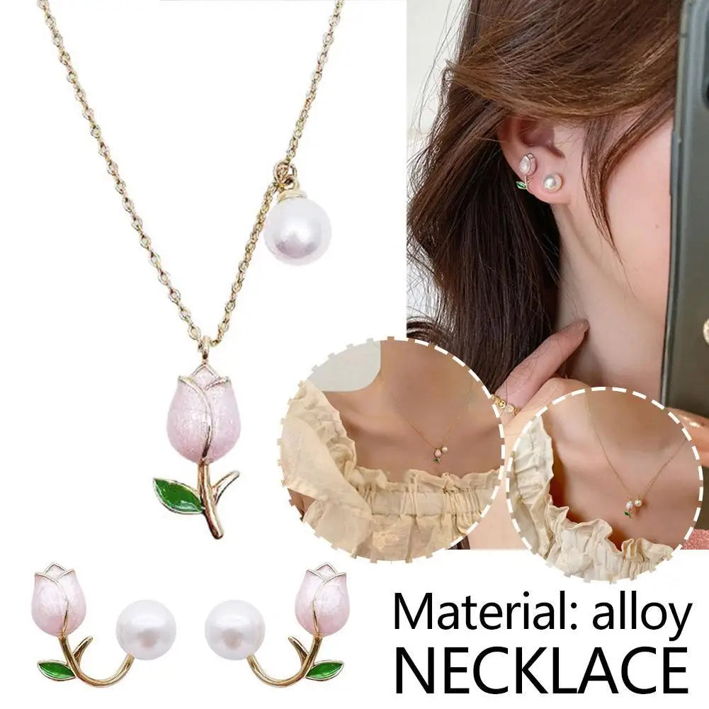 Elegantes Schmuckset mit rosa Tulpenanhänger für Damen