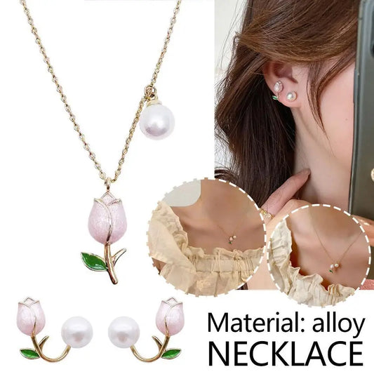 Elegantes Schmuckset mit rosa Tulpenanhänger für Damen