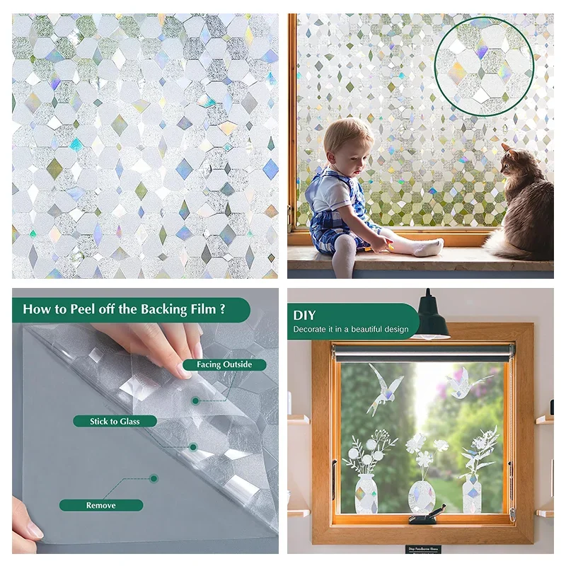 Statisch haftende Fensterfolie Vinyl mit 3D Regenbogen Motiv