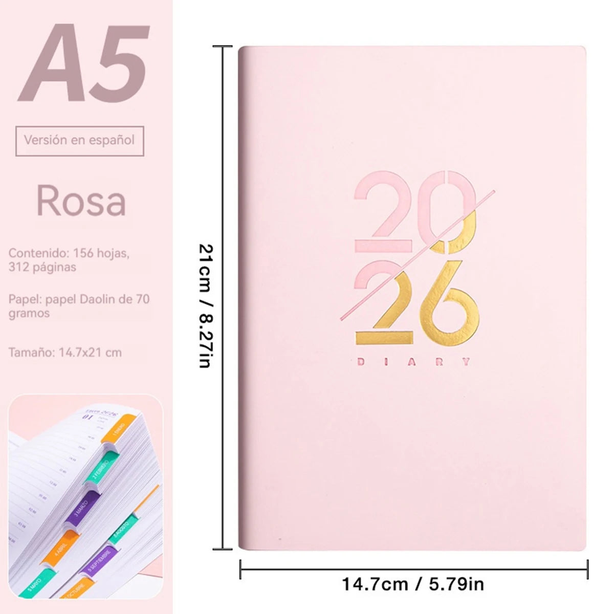 2026 Planer A5 PU-Ledereinband Spanisch Englisch wöchentlicher Monatsplaner