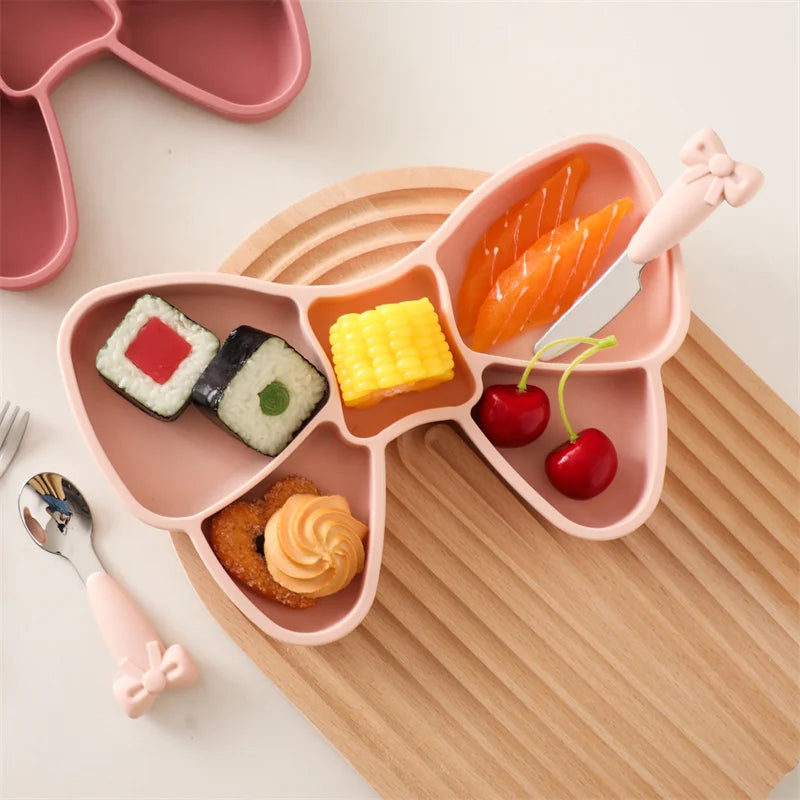 Baby Silikon Essteller Set BPA-frei mit Löffel Gabel rutschfest Cartoon