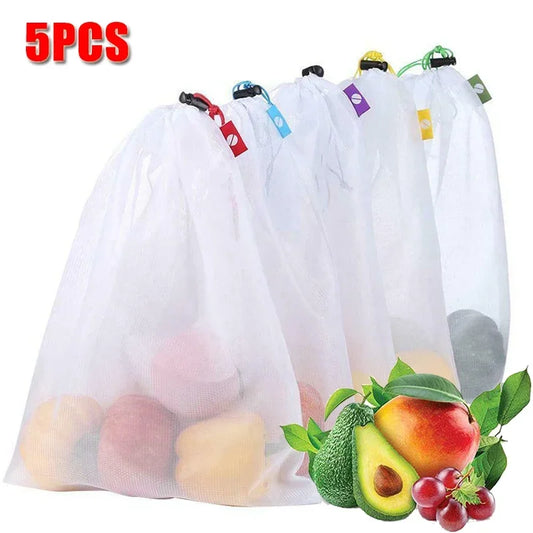5 Stück wiederverwendbare Netzbeutel für Obst und Gemüse in der Küche