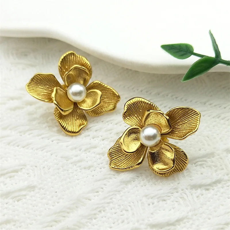 Gardenia Blume Imitation Perlen Ohrringe Edelstahl Gold Farbe Damen