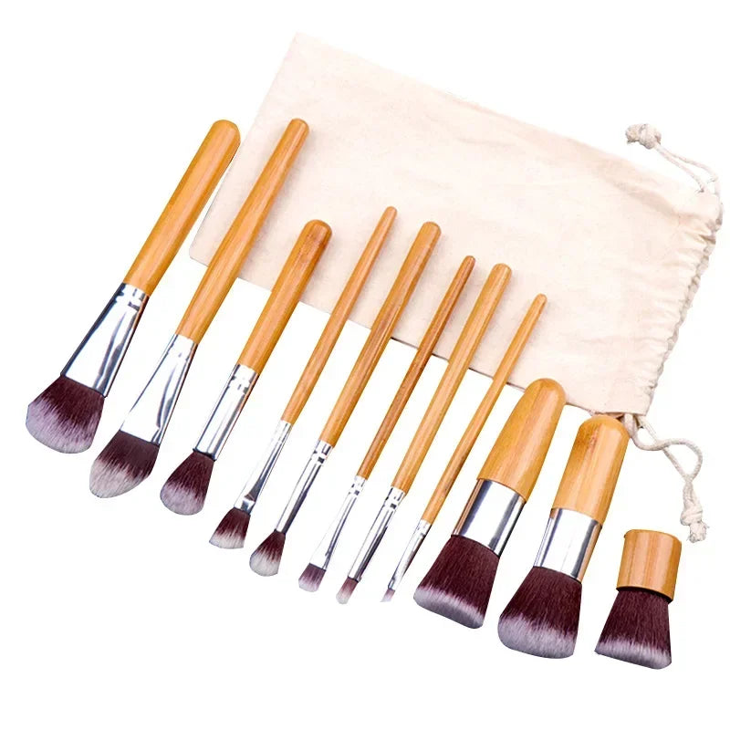 11-teiliges Make-up Pinsel Set mit Bambusgriff und Baumwolltasche-Yabubestshop