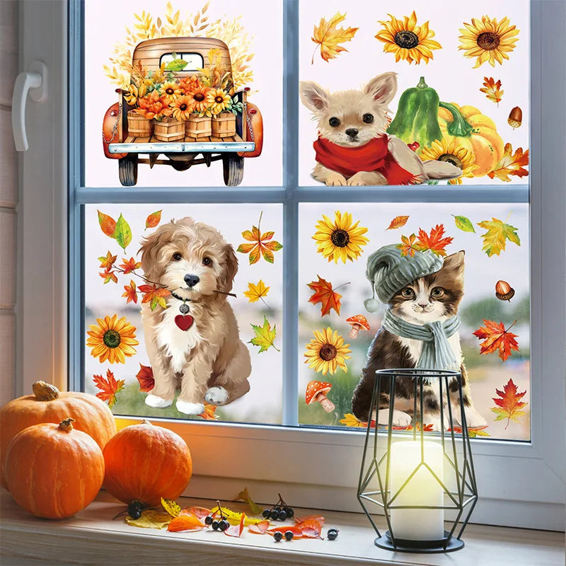 9teiliges Herbst Deko Set Fensteraufkleber Kürbis Ahornblatt Katzen Hunde