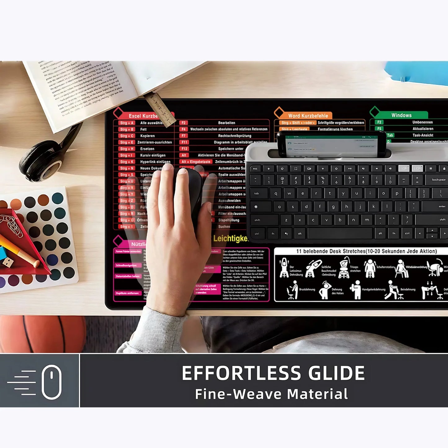 Mauspad mit Spickzettel für Office Software – Excel, Word, Windows, PPT Übersicht