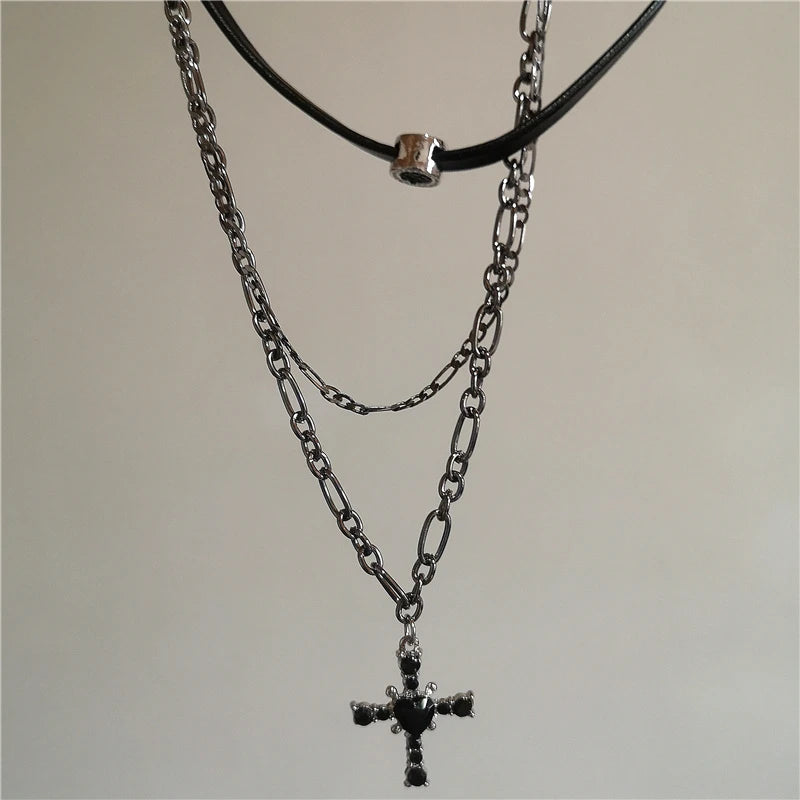 Unisex Doppelschicht Kette mit Punk Stern Herz und Kreuz Edelstahl