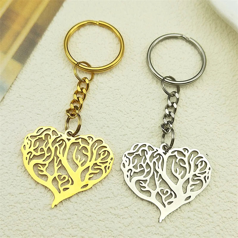 Herzförmiger Edelstahl Schlüsselanhänger Baum des Lebens Gold Silber