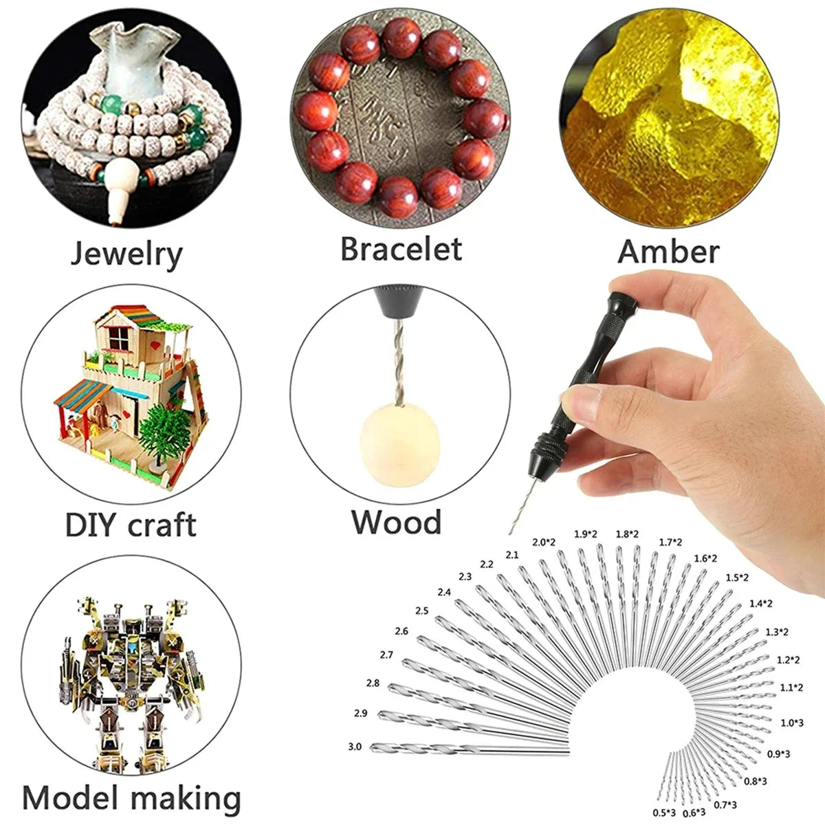 49tlg. Mini Präzisions Handbohrer Set 0,2-3,4mm für Handwerk Holz Schmuck