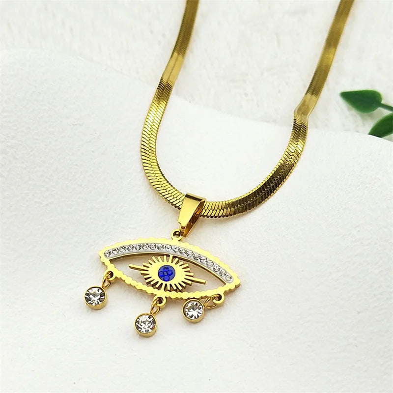 Edelstahl Halskette mit Evil Eye Anhänger und Quaste Goldfarbe