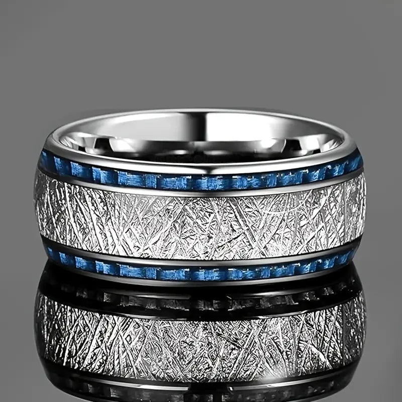 8mm Herren Edelstahl Ring Blau Carbon Faser Meteorit Hochzeit Geschenk