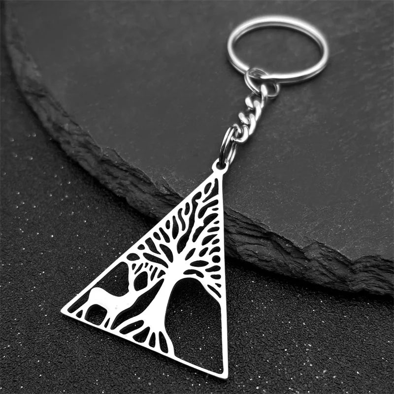 Dreieck Baum des Lebens Milu Hirsch Schlüsselanhänger Edelstahl Unisex