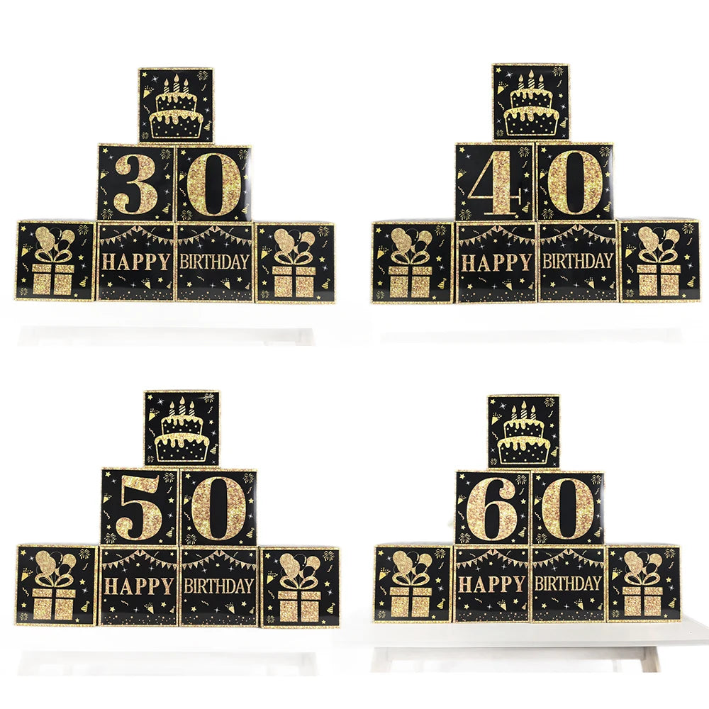 Elegante Schwarz Gold Papierbox mit Zahlen für Geburtstagsfeiern